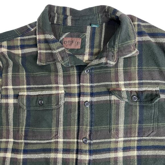 Orvis Men’s Green Plaid Flannel Shirt Jacket XL 100% Cotton - Side Pockets - Picture 2 of 9